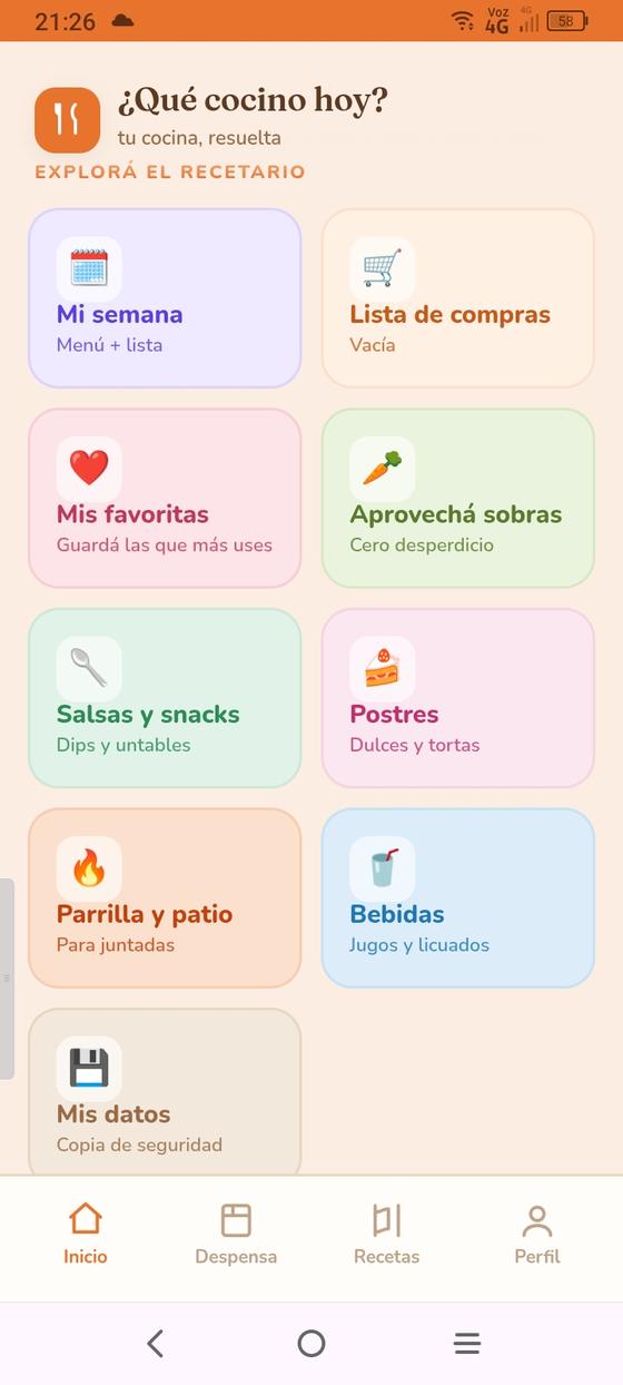 Menú: mi semana, favoritas, aprovechá sobras, mis datos