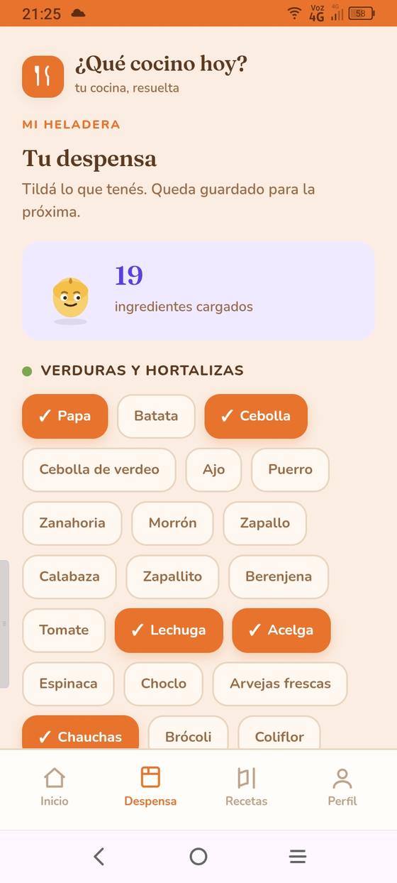 Pantalla de despensa: cargá los ingredientes que tenés