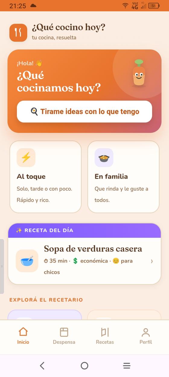 Pantalla de inicio: Tirame ideas con lo que tengo