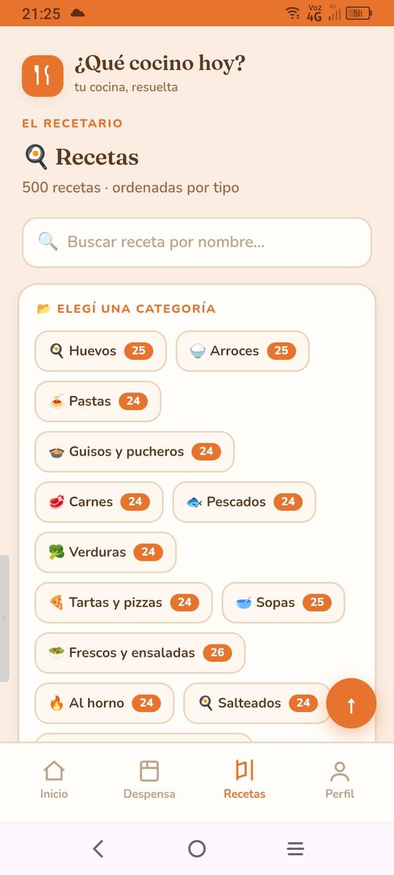 Pantalla de recetas: 500 recetas ordenadas por tipo