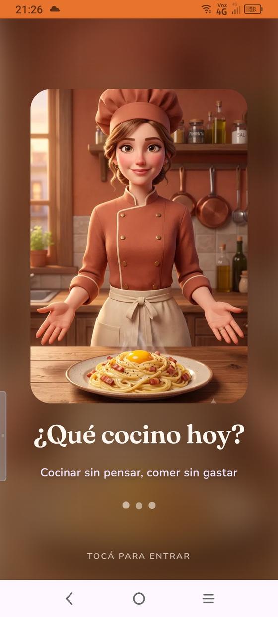 Pantalla de bienvenida de la app ¿Qué cocino hoy? con la chef